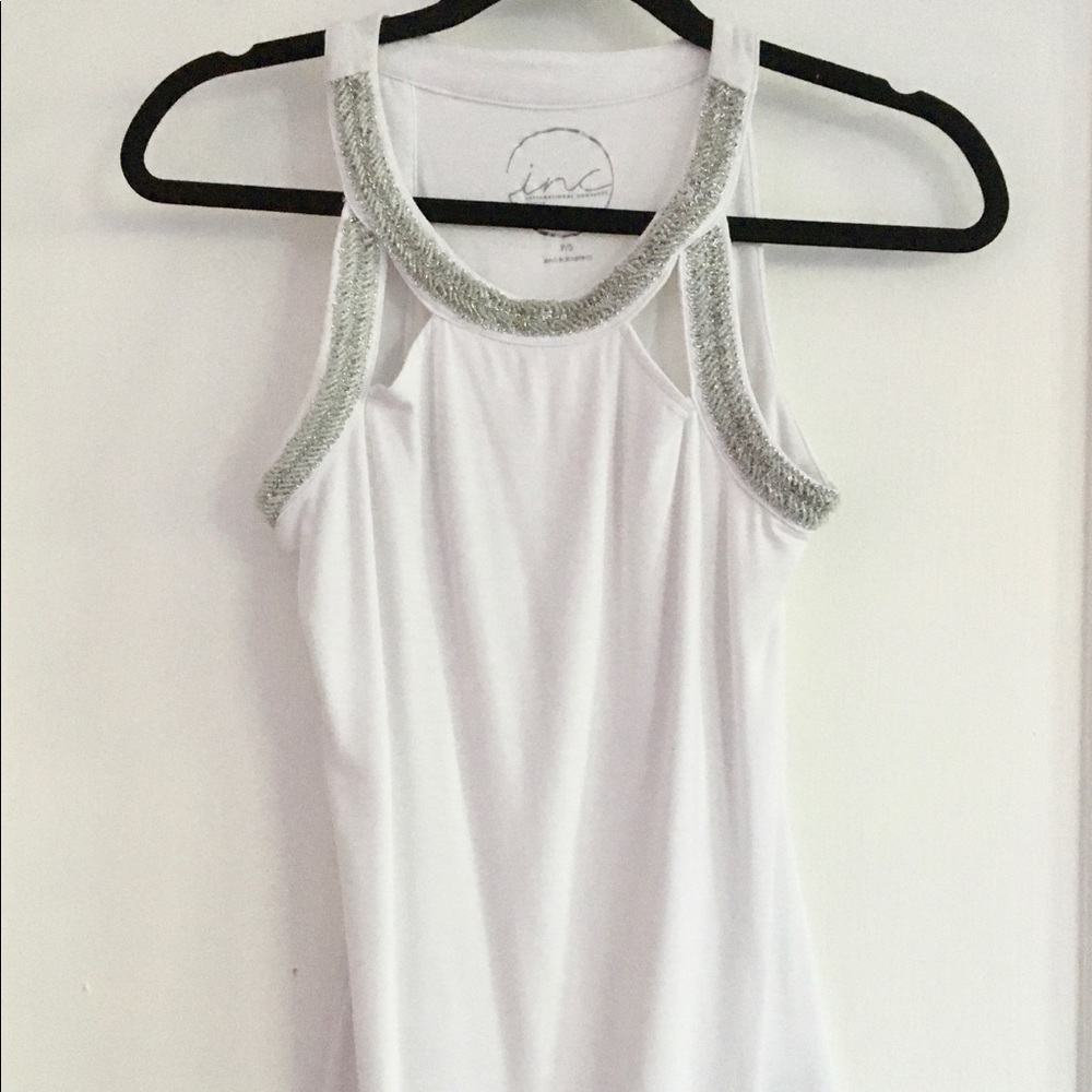 INC White Mock Halter Top with Silver Trim